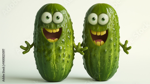 Green crazy smiling cucumber or gherkin funny 3d characters, fun tasty pickle decoration with eyes, teeth, tongue, arms and hands. Amusing little quirky pickles illustration for humor on food blog    