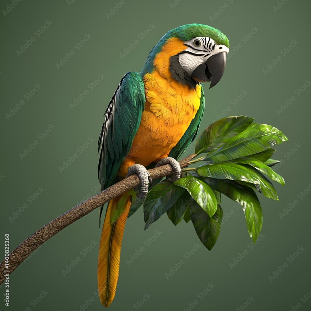 Obraz premium A vibrant parrot perched on a branch, showcasing bright yellow, green, and blue feathers against a solid green background.