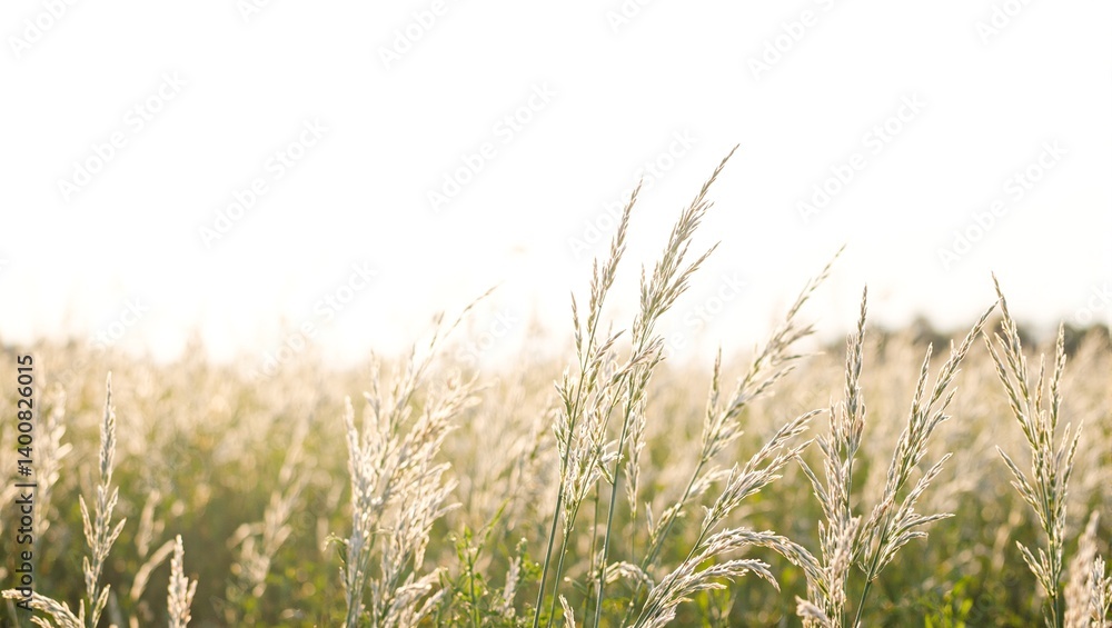 Tranquil meadow of wild grasses under soft sunlight with a minimalist portrayal against a white backdrop Tranquil meadow of wild grasses under soft sunlight with a minimalist portrayal against a white backdrop