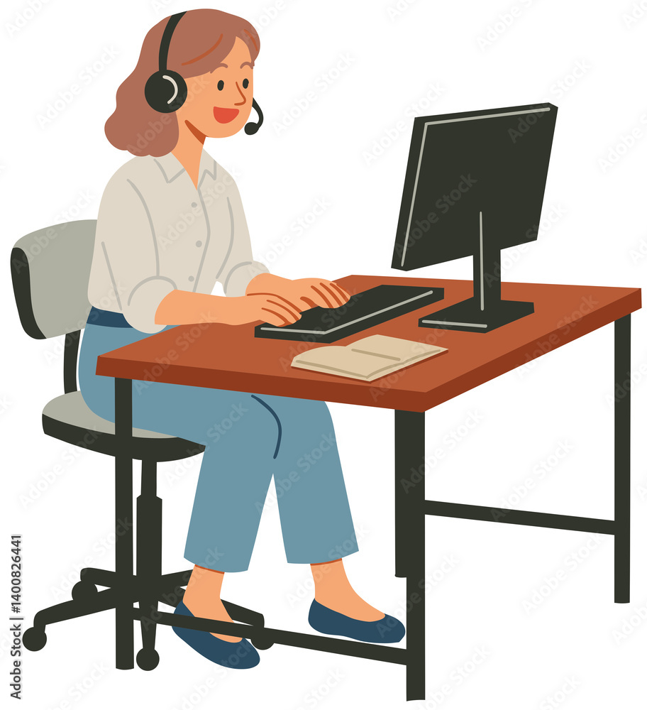 Woman with headset working on computer. call center operations, e-learning, or virtual meetings. Woman with headset working on computer. call center operations, e-learning, or virtual meetings.