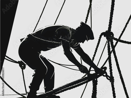 Dock Workers and Maritime LifeSailor Tying Knots on Ship Rigging in Silhouette Style Illustration