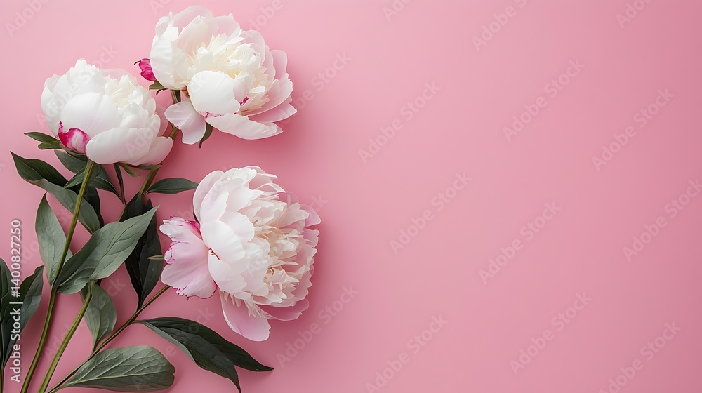 Fototapeta premium Beautiful peonies with lush green leaves against a soft pink backdrop creating a vibrant floral display