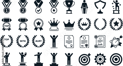 Award and achievement icon set trophies, medals, laurel wreaths, certificates, podiums, crowns, winner symbols, vector silhouette pack

