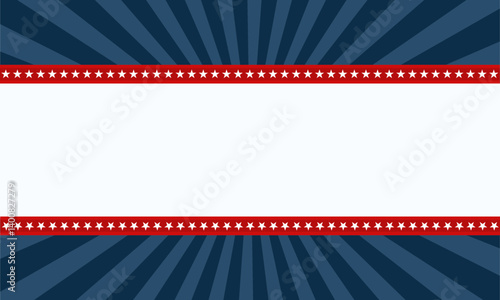 Vector background for 4th of July in blue, red and white colors. The upper and lower parts of the image are dark blue, and in the middle is a white rectangle with red stripes at the top and bottom. On