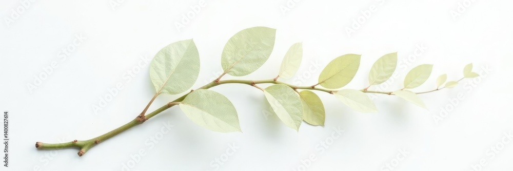 Naklejka premium Single branch with delicate leaves on white background, organic forms, white background