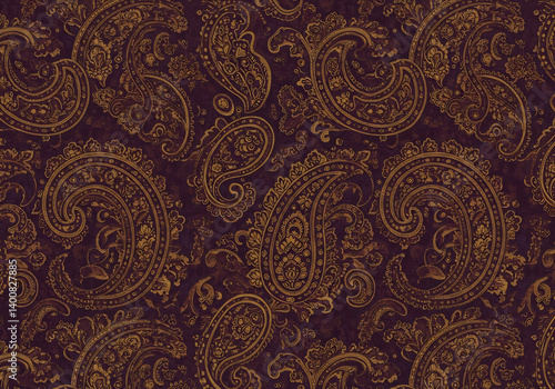 Dark Purple and Gold Paisley Pattern Seamless Texture Background