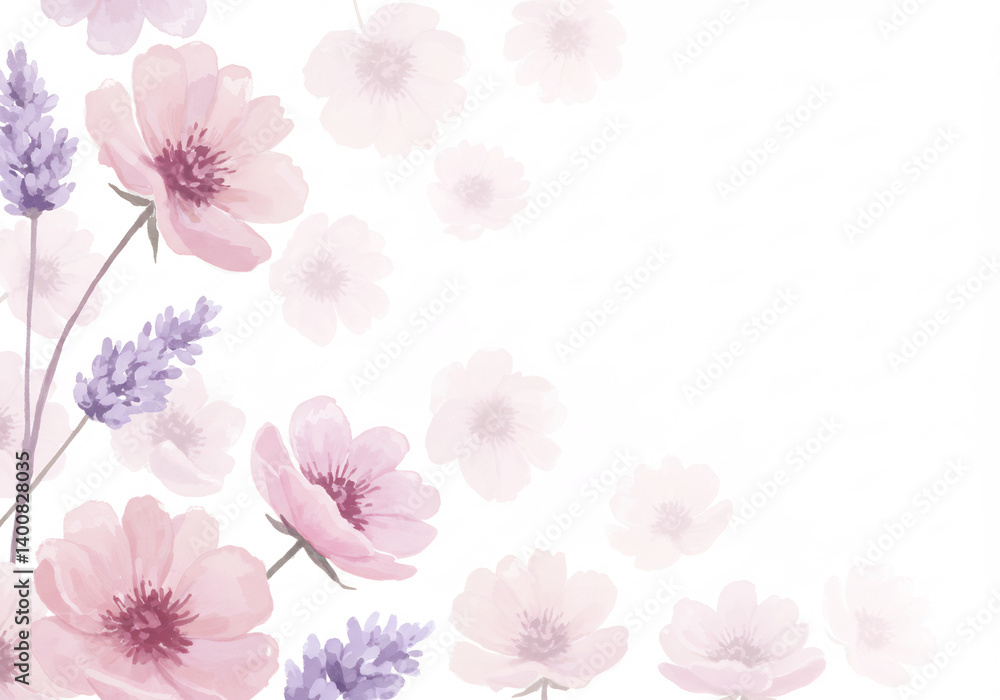 Delicate Pink and Purple Watercolor Flowers on White Background Delicate Pink and Purple Watercolor Flowers on White Background