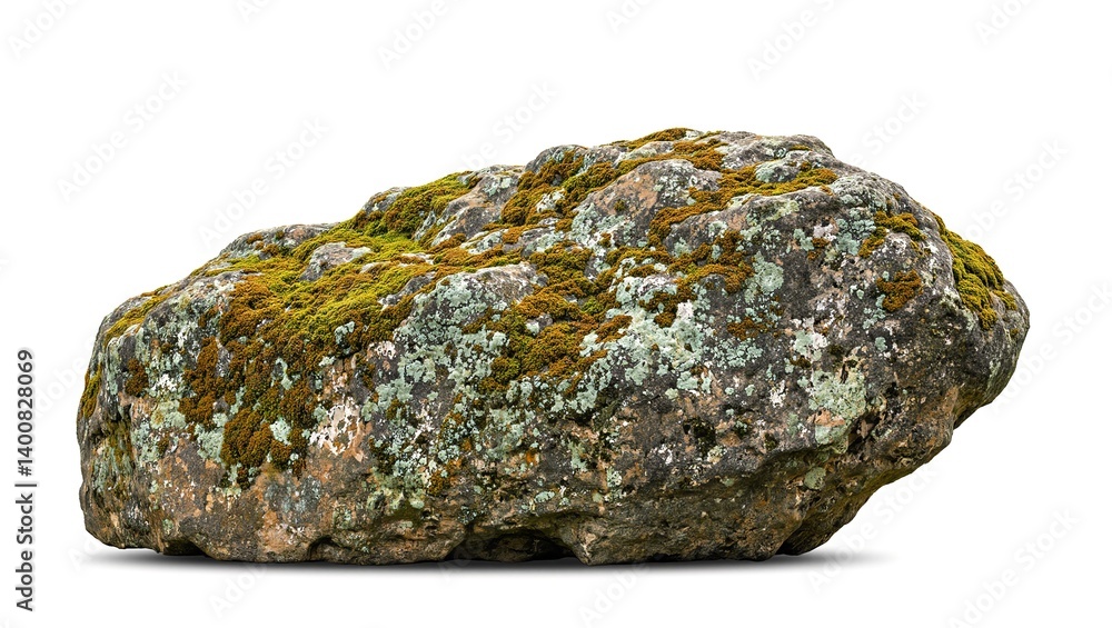 Rugged boulder with moss and lichen vibrant green patches on weathered surface against a white backdrop Rugged boulder with moss and lichen vibrant green patches on weathered surface against a white backdrop