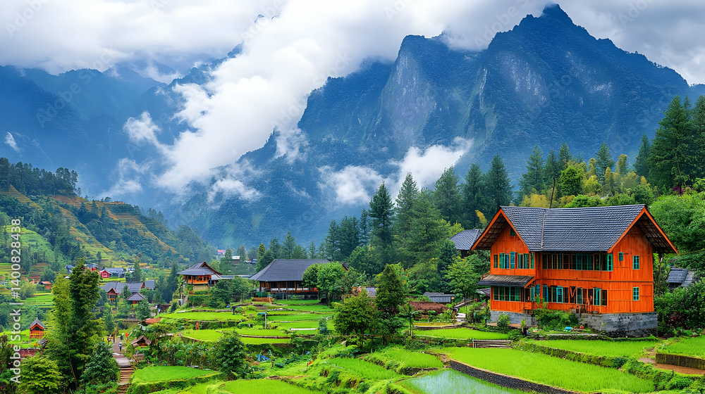 Scenic Mountain Village Featuring Lush Green Terraced Fields and Traditional Orange Wooden Houses Under a Cloudy Sky