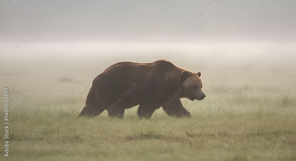 A large grizzly bear walks through a misty, grassy field, its powerful form partially obscured by the soft fog.
A large grizzly bear walks through a misty, grassy field, its powerful form partially obscured by the soft fog.