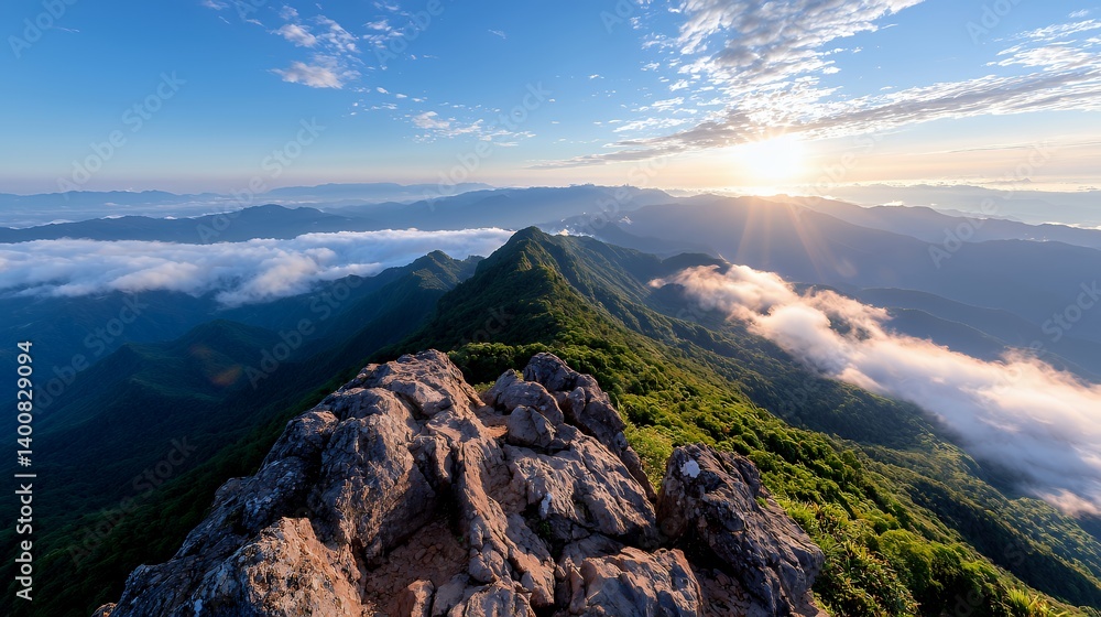 Fototapeta premium Sunrise panorama from mountain summit