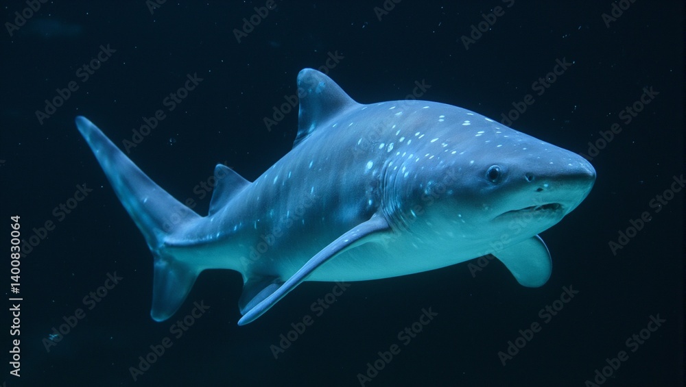 Fototapeta premium Ethereal ghost shark with translucent skin and bioluminescent spots drifting gracefully in deep clear water A mesmerizing underwater spectacle