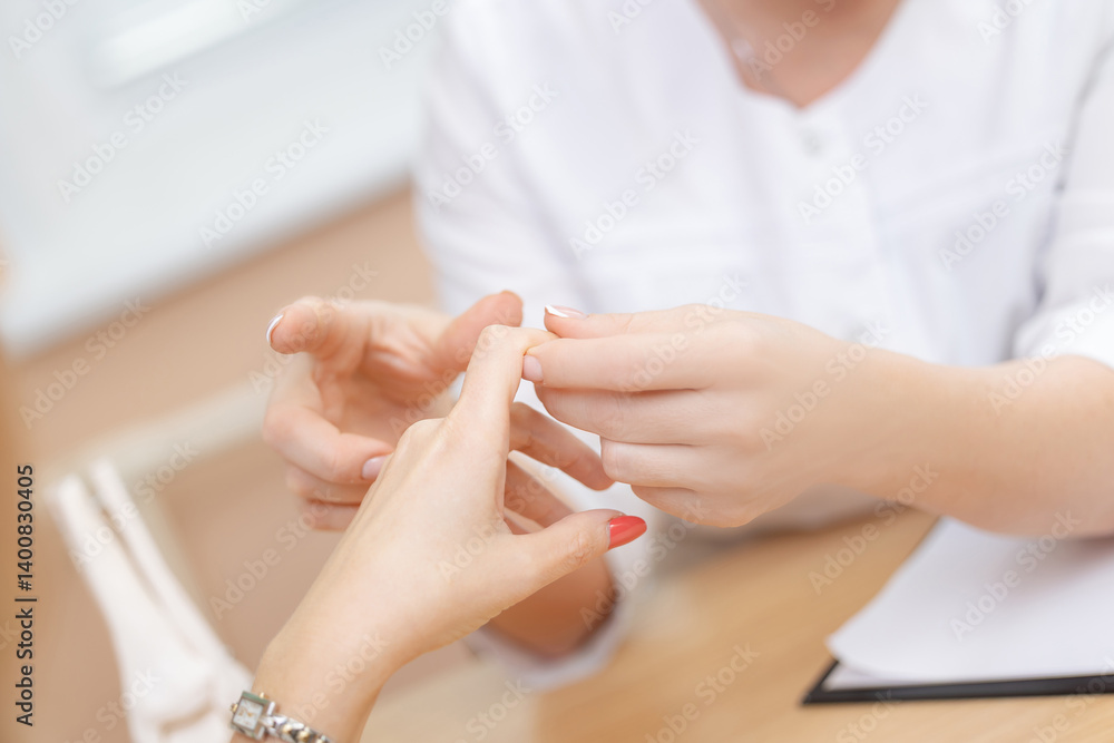Doctor rheumatologist diagnostics arthrosis of hands of patient, medical consultation with client Doctor rheumatologist diagnostics arthrosis of hands of patient, medical consultation with client