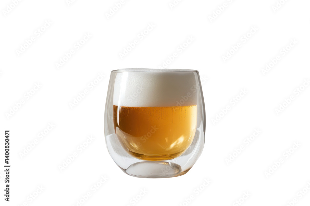 A transparent glass of beer with a perfect foam cap, the golden liquid shimmering under soft lighting, set against a white background for a minimalist look A transparent glass of beer with a perfect foam cap, the golden liquid shimmering under soft lighting, set against a white background for a minimalist look