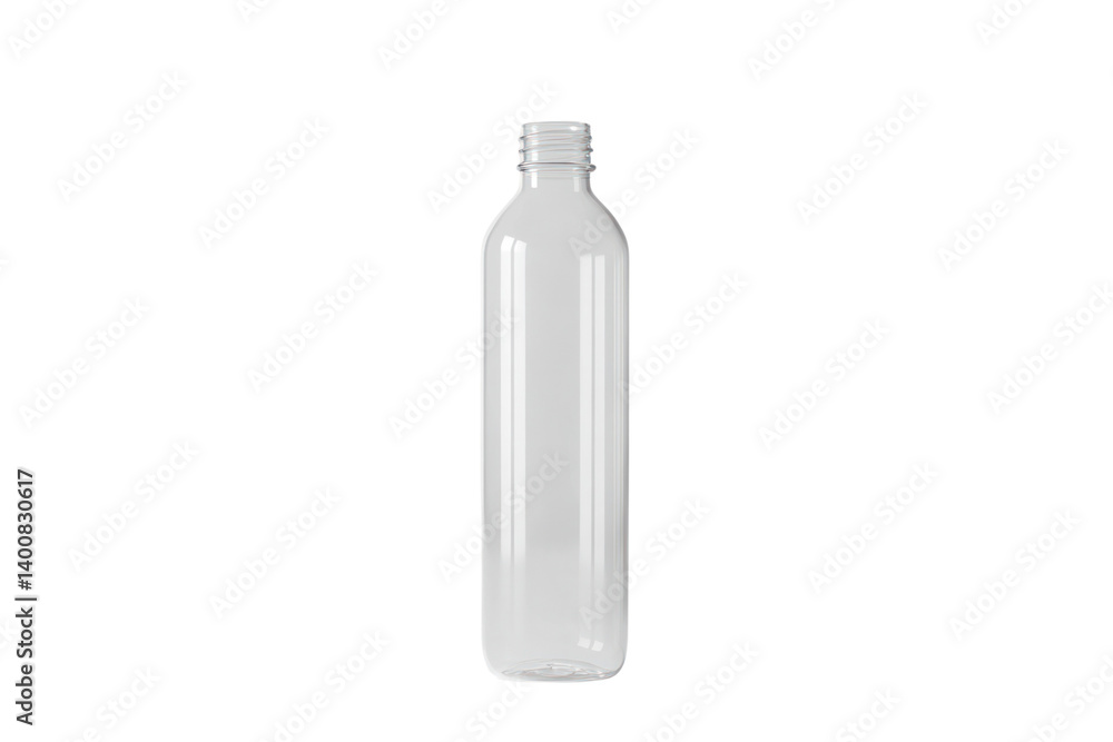 A transparent plastic bottle standing upright on a plain white background, with a subtle shadow below the bottle to enhance depth A transparent plastic bottle standing upright on a plain white background, with a subtle shadow below the bottle to enhance depth