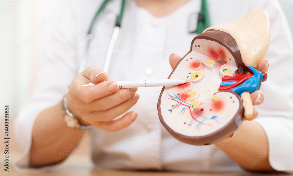 Doctor showing anatomical model in medical office, Chronic kidney disease concept