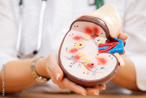 Chronic kidney disease, Female doctor showing anatomical model in medical office