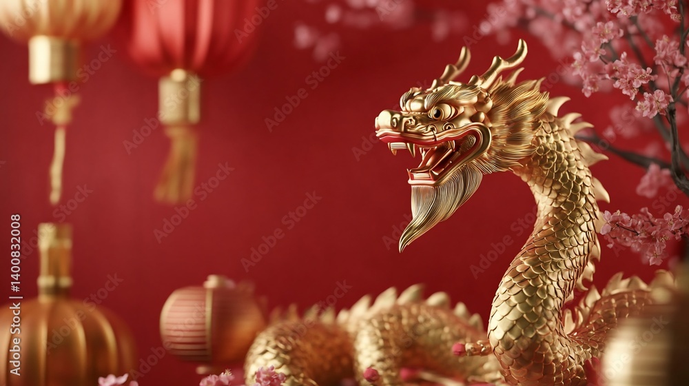 Obraz premium Golden dragon figurine amidst festive decorations