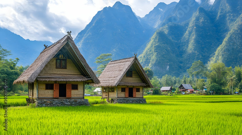 Obraz na płótnie Scenic Mountain Village View with Thatched Roof Houses Green Rice Fields and Lush Mountain Backdrop Under a Partly Cloudy Blue Sky in Daytime w salonie