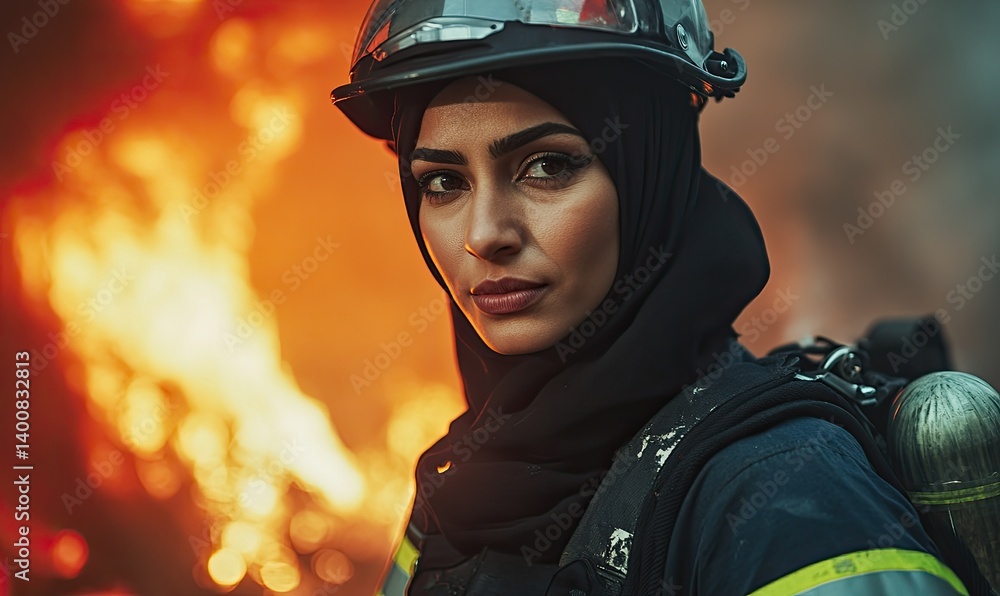 An Arab female firefighter in a hijab and work uniform smiles and looks at the camera, a specialist at her workplace, a concept of equality, growth, and opportunities, generated by AI An Arab female firefighter in a hijab and work uniform smiles and looks at the camera, a specialist at her workplace, a concept of equality, growth, and opportunities, generated by AI