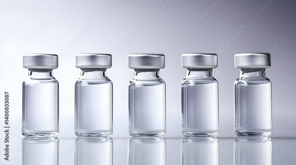 Row Of Clear Glass Vials With Silver Caps On Gray Background Row Of Clear Glass Vials With Silver Caps On Gray Background
