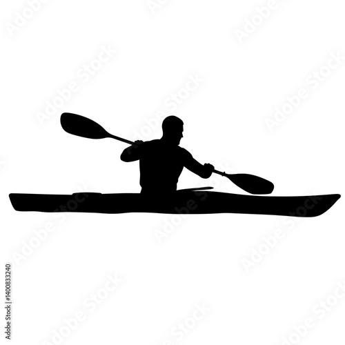 Kayaker paddles intensely a kayak silhouette against a plain white backdrop