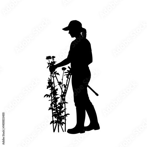 Gardener tending flowers silhouette works outdoors wearing boots and cap Gardening silhouette shows care for plants