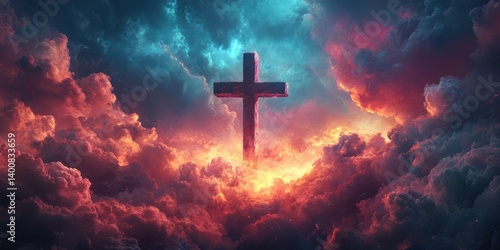 Dramatic clouds surround a glowing cross at sunset, conveying spiritual significance and serenity in nature's beauty