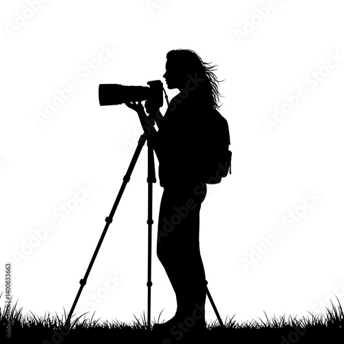 Photographer silhouette aims camera on tripod outdoors taking photos expertly black and white photography art