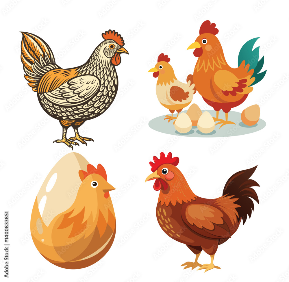 Fototapeta premium A close-up view of a white hen near a chicken coop during golden hour in a rural backyard setting, Golden hen stands in rural farm setting near barn 