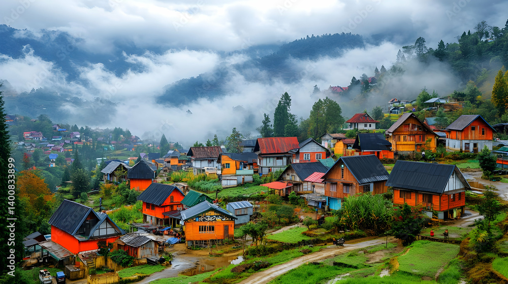 Scenic Mountain Village with Colorful Houses and Misty Skies Lush Greenery and Dramatic Cloudscape Showcasing Rural Charm and Natural Beauty