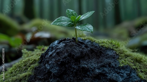 Tiny sprout emerging from dark soil, surrounded by moss