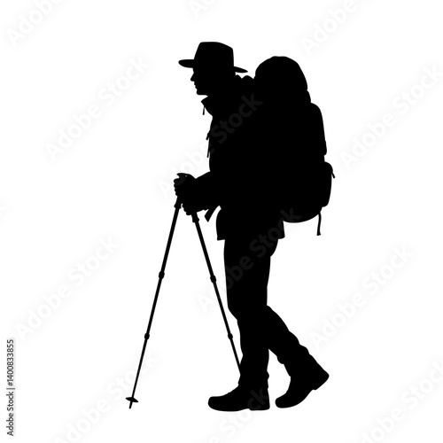 Silhouette hiker trekking with poles outdoors exploring nature trails solo adventure