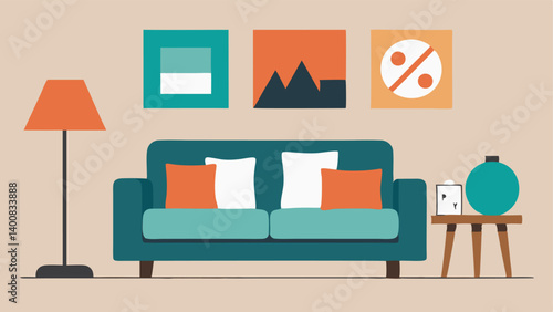 Living Room Decor Section Pillows throws and wall art displayed in a stylish manner with oversized SALE labels attracting attention to the discounted items.