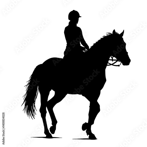 Horseback riding silhouette shows equestrian sport activity in monochrome black and white graphic art