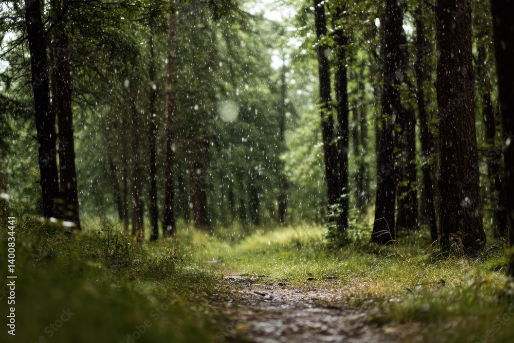 Fototapeta premium Rain falls through a dense forest, illuminating a scene of natural serenity and peaceful solitude.