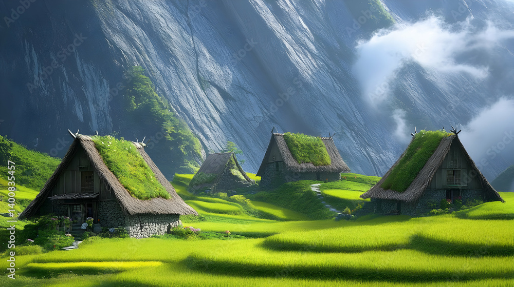 Scenic Mountain Village with Stone Houses and Green Rice Paddies Under Cloudy Sky in a Natural Environment