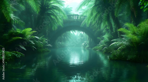 Enchanted Forest Bridge and Tranquil River Scene