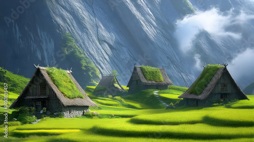 Obraz na płótnie Scenic Mountain Village with Stone Houses and Green Rice Paddies Under Cloudy Sky in a Natural Environment w salonie