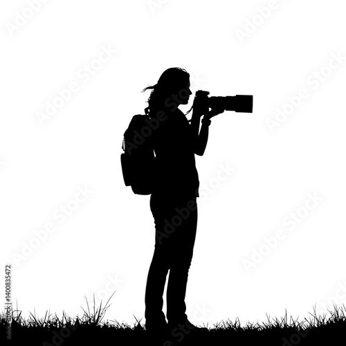 Photographer silhouette takes aim capturing moment outdoors with professional camera and backpack ready for adventure