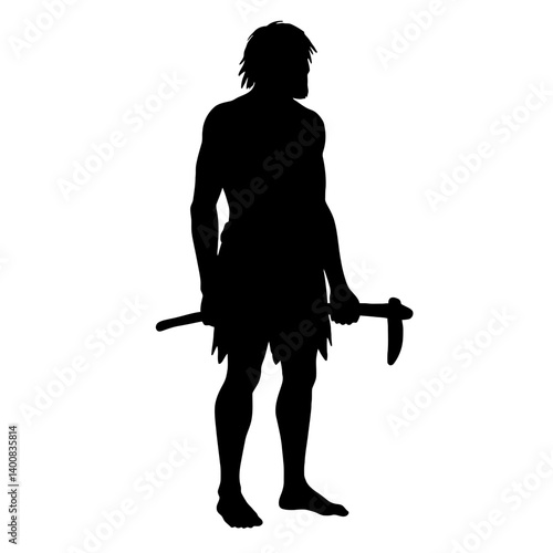 Caveman silhouette holds primitive tool standing tall isolated on white background representing prehistoric life