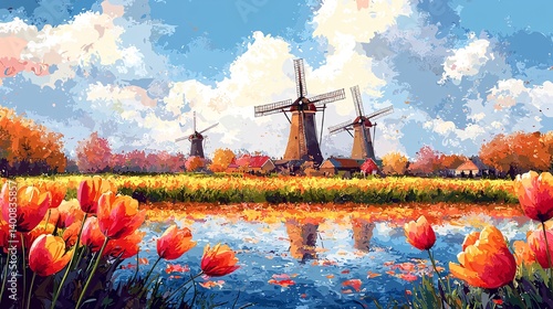 Dutch windmills, tulips, pastoral scenery