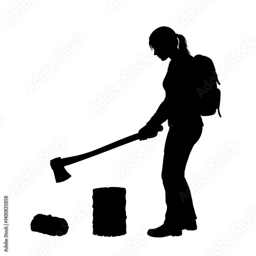 Silhouette woman chopping wood with axe preparing firewood outdoors alone