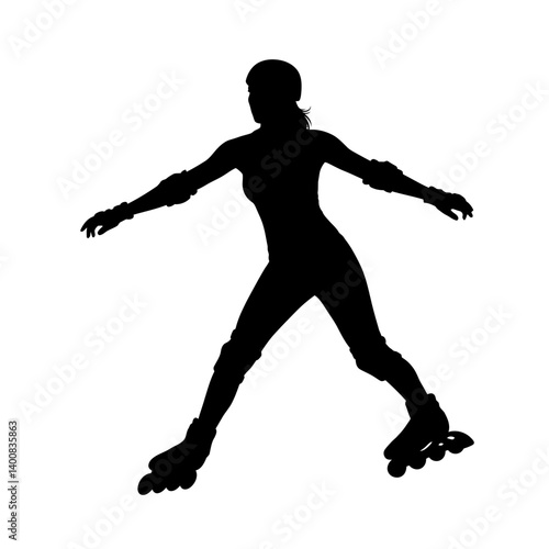 Roller skater silhouette glides gracefully wearing protective gear on a white background