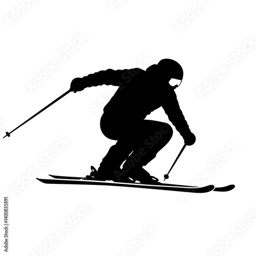 Skier silhouette skiing downhill slopes in winter with equipment and sportswear