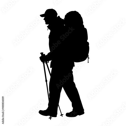 Hiker silhouette walks using trekking poles with backpack during outdoor adventure activity