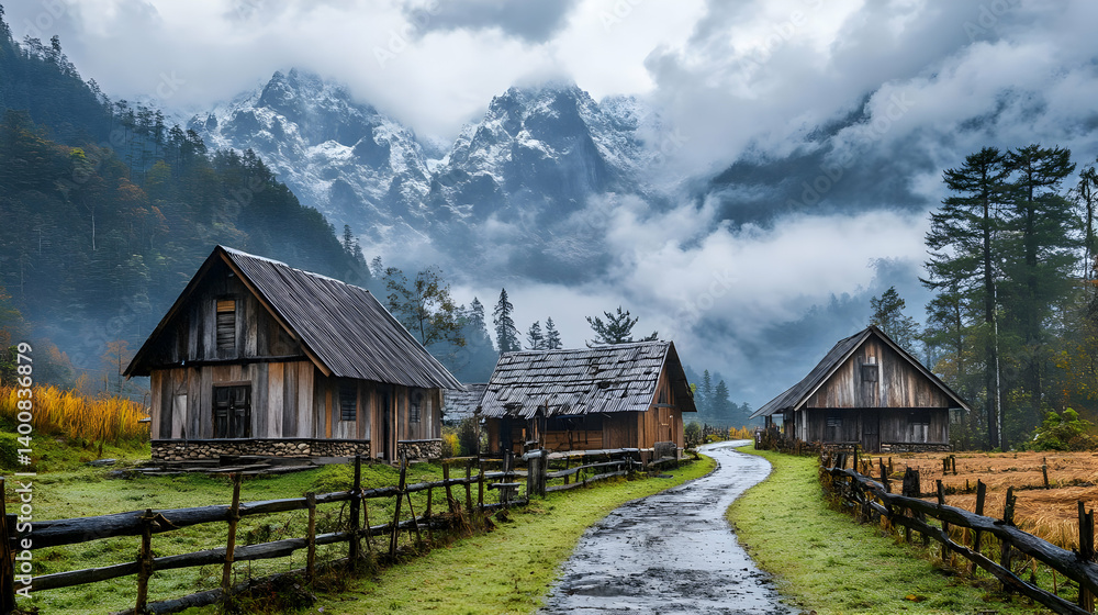 Scenic Mountain Village with Wooden Houses Under Cloudy Sky and Winding Path Surrounded by Lush Greenery and Rustic Fence in a Remote Landscape