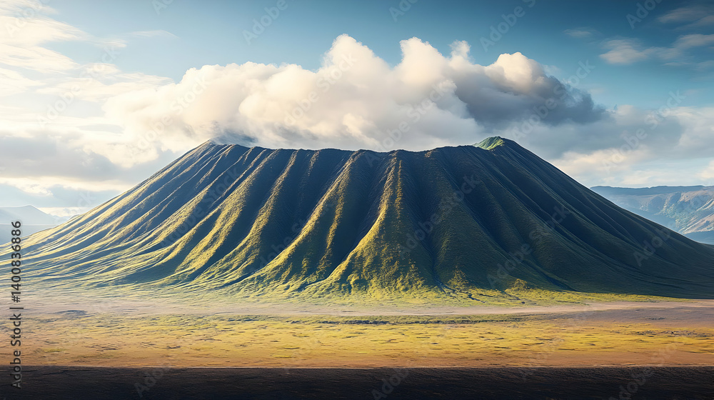 Scenic Mountainous Terrain Under Cloudy Sky in Indonesia with Brown and Green Color Palette and Dramatic Lighting