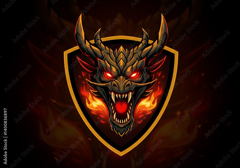Obraz premium Fiery Dragon Head in Pixel Art Shield Emblem