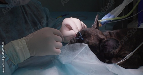 Fine-tuned third eyelid surgery in a dog. A professional veterinary surgeon carefully corrects a prolapsed third eyelid in a French bulldog under general anesthesia using precise surgical techniques.